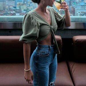 Linen Look Tie Front Puff Sleeve Crop Top Shirt